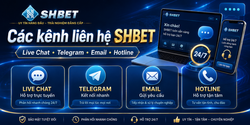 Các kênh liên hệ SHBET gồm Live Chat Telegram Email và Hotline